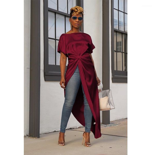 

solid short front long back fashion blouse short sleeve irregular tees women split long, White