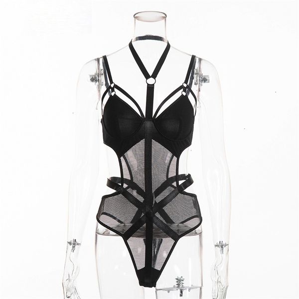 

jumpsuit ladies womens bodysuit transparent bodycon mesh bodysuit halter neck backless bandage rompers womens jumpsuit summer overall, Black;white