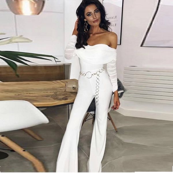 

2019 новый белый с плеча бинт комбинезоны мода талия цепи знаменитости сетки с длинным рукавом bodycon твердо женщины партии комбинезон, Black;white
