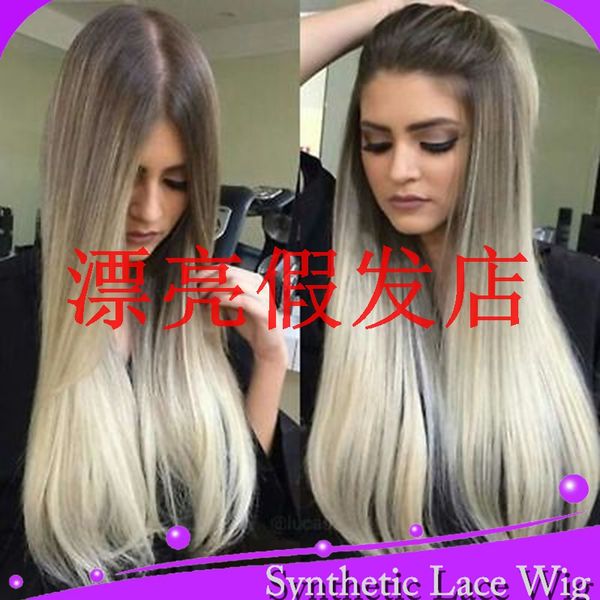 

mhazel коричневый ombre блондинка свободная часть длинные прямые термостойкие волокна glueless фронт кружева парик для женщины, Black