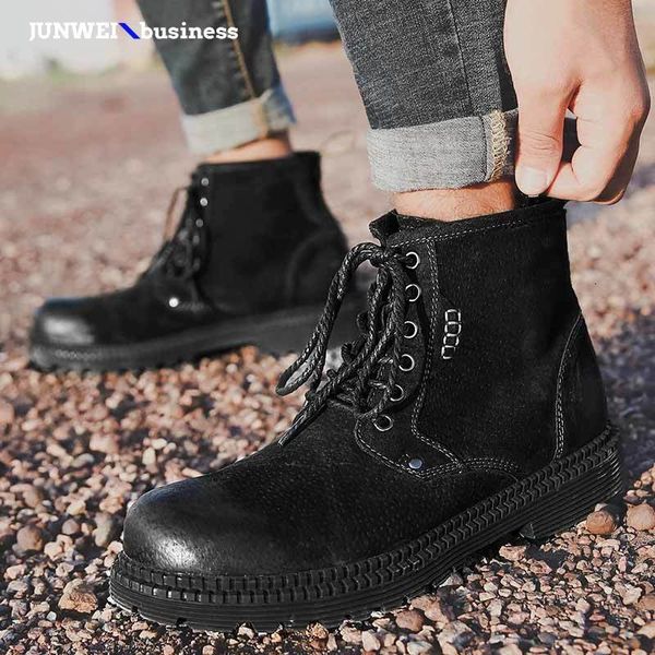

autumn men ankle genuine leather luxury lace up quality fashion training tactical botas high rubber male boots a4, Black