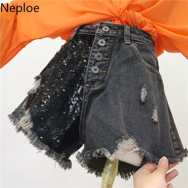 

neploe sequined shorts women new arrival hole single breasted bottoms summer 2019 fashion high waist short jeans 43717, Blue