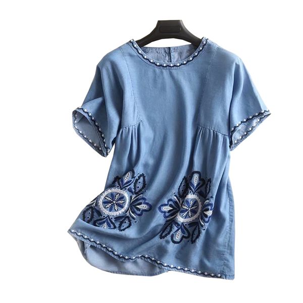 

2018 summer women shirts flower embroidery soft material women shirts o-neck short sleeve casual blouse ladies for, White