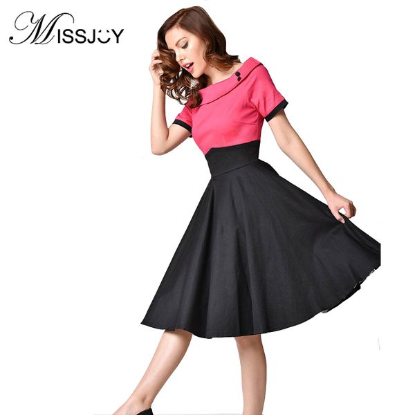 

missjoy 2019 women vintage high waist summer pin up slash neck button short sleeve rockabilly skater swing party 50s retro dress, Black;gray