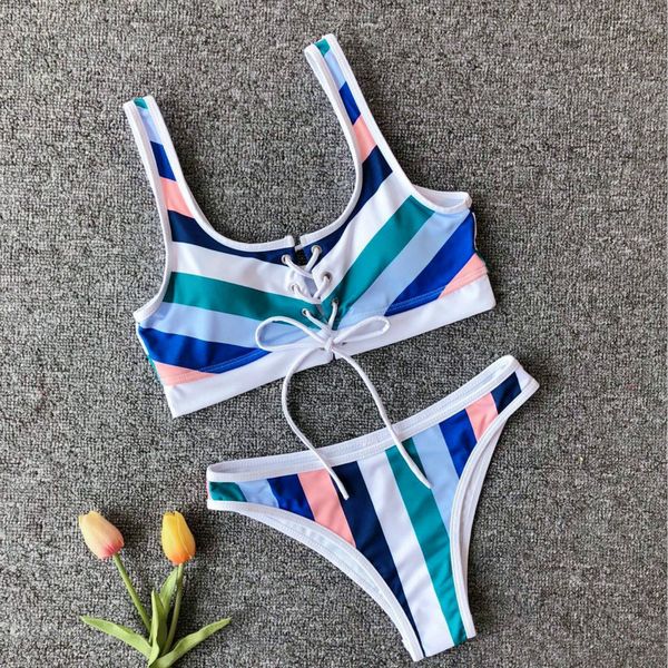 

bikinis 2019 mujer multicolor stripes sport push up bikini thong separate swimsuit may women bandage swimwear swimming suit, White;black