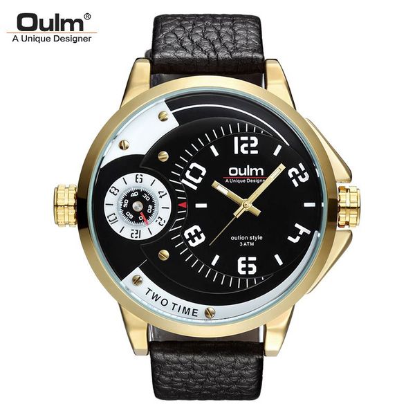 

oulm ou lai luxury men's watch large dial two places waterproof leather casual men's watch men's watch, Slivery;brown