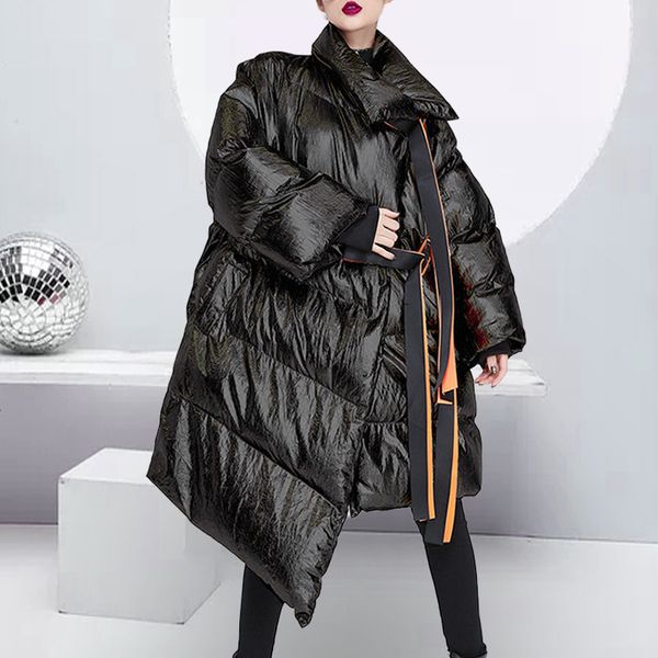 

2019 winter arrival hip hop woman warm coat long sleeve lace up irregular loose thick coats, Black