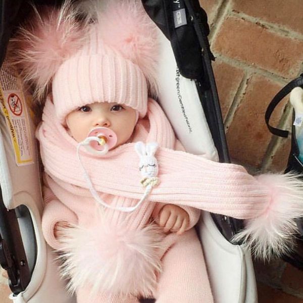 

fur hat scarf set girls boys autumn thick warm baby cute children pompon cap scarf real raccoon fur pompom set hat kids, Yellow
