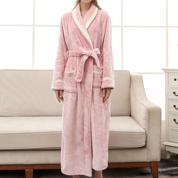 

flannel winter warm sleep robes fluffy pajama sets long bath robe bathrobe dressing gown robes women nightdress sleepwear coat#w, Black;red