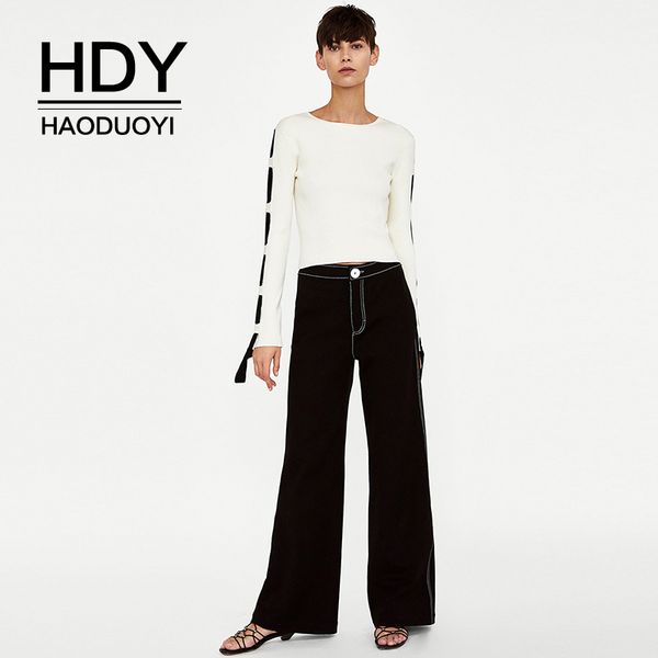 

hdy haoduoyi autumn simple elegant black and white contrast soft warm ribbon webbing stitching round neck rib short sweater, White;black