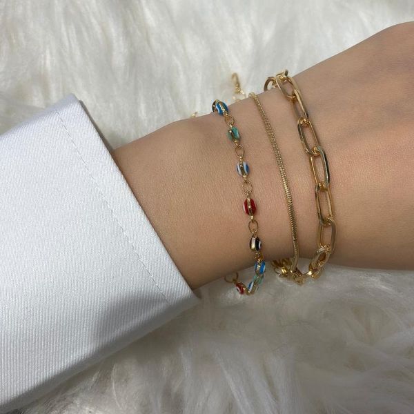

3 pcs/set bohemia vintage curb whip chain bracelets for femme girls wrist bangle jewelry colorful heart chain accessories, Black