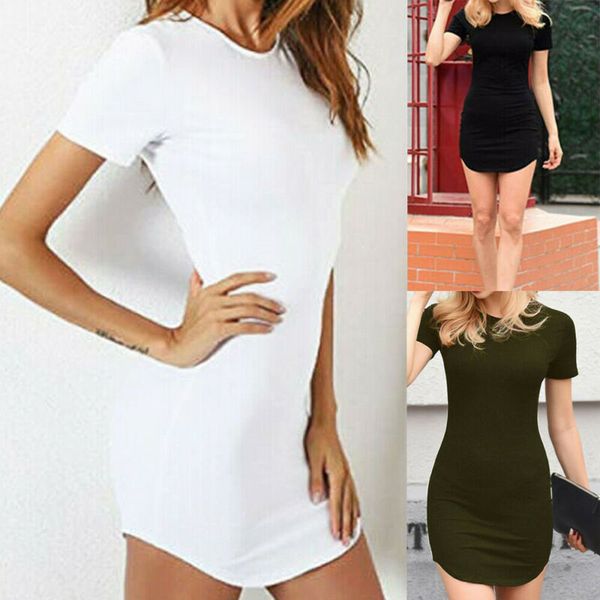 

women's short sleeve o-neck solid color dresses casual long blouse ladies summer ol mini dress, Black;gray