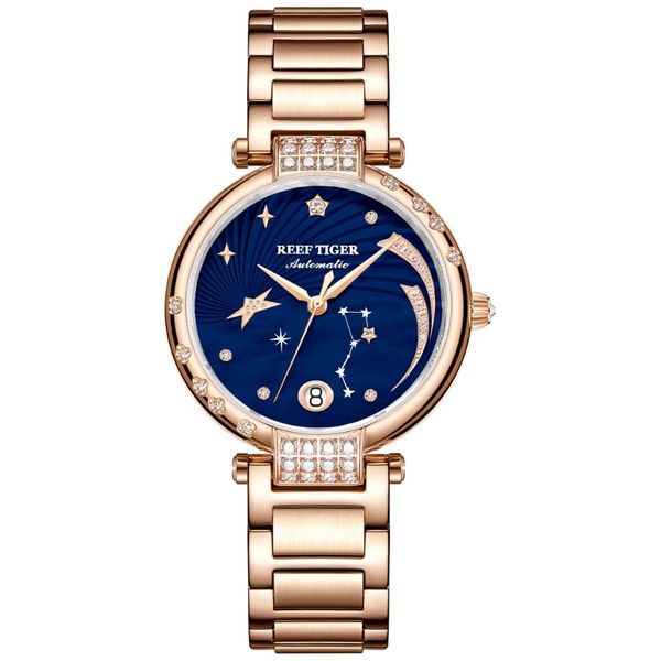 

2019 new reef tiger/rt brand elegant self winding womens watch date rose gold diamond watches blue bracelet watches rga1592, Slivery;brown