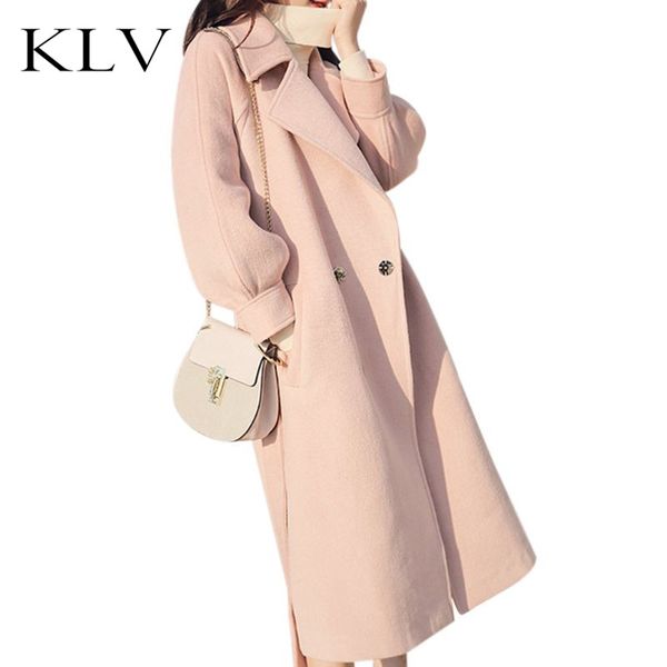 

women winter thicken lantern sleeves long overcoat solid color notched lapel collar jacket open front belted slim office outwear, Black