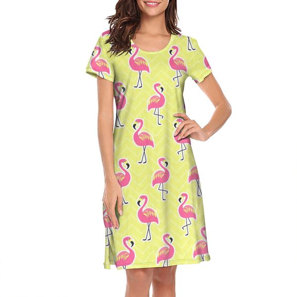 

ночные рубашки для женщин красивые фламинго печать на заказ короткий рукав nightdress розовый фламинго с зеленым тропических пальмовых summe, Black;red