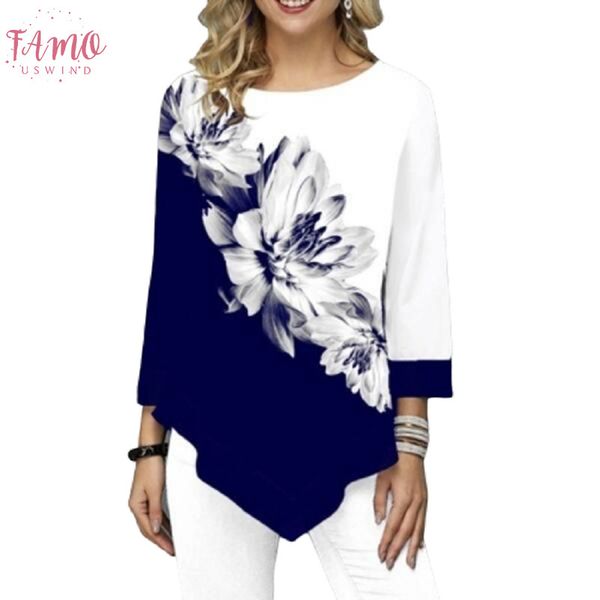 

irregular flower print long sleeve tshirt women o neck fashion clothes female tee shirts casual s 5xl, White