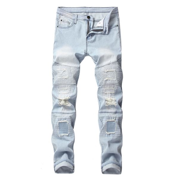 

fashion hip hop men jeans patch wrinkled biker jeans slim fit destroyed ripped denim man jean, Blue
