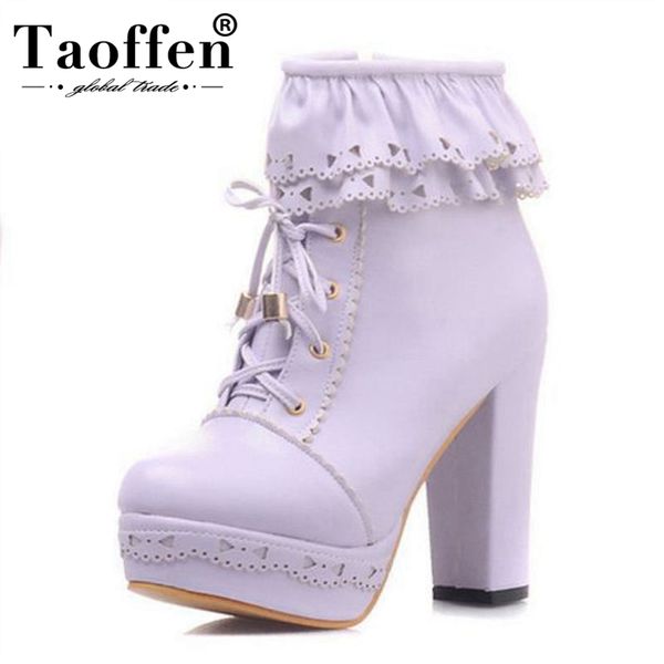 

taoffen size 34-48 6 colors women high heel boots platform zipper ruffles candy color women shoes sweet fashion footwear, Black
