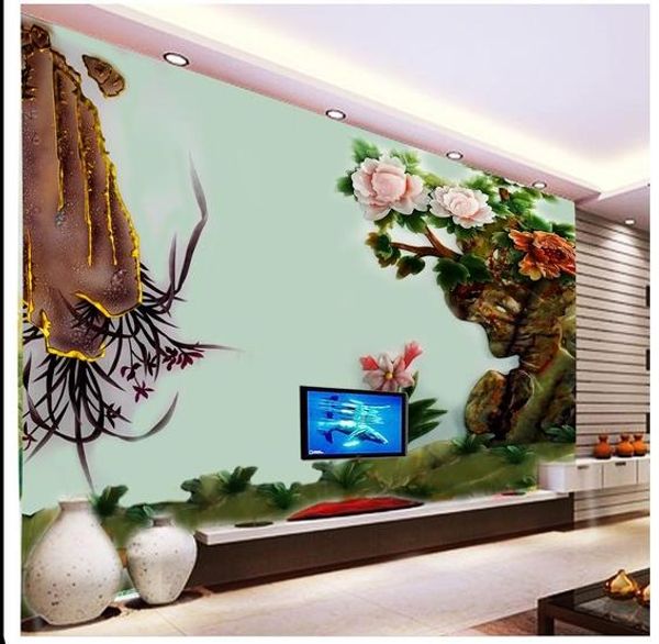 

three-dimensional imitation color carving embossed stone painting peony orchid tv background