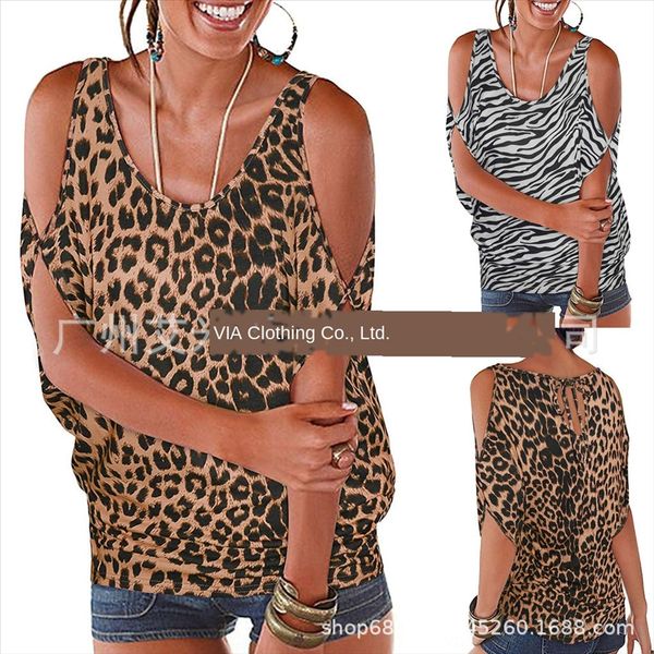 

2020 large t-shirt shoulder strap size women's round collar leopard print strapless short-sleeved t-shirt top, White