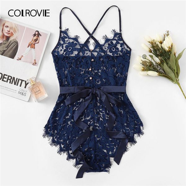 

colrovie green eyelash ribbon belted lace teddy bodysuit women romper 2019 navy female elegant bodysuit maroon bodysuits, Black;white