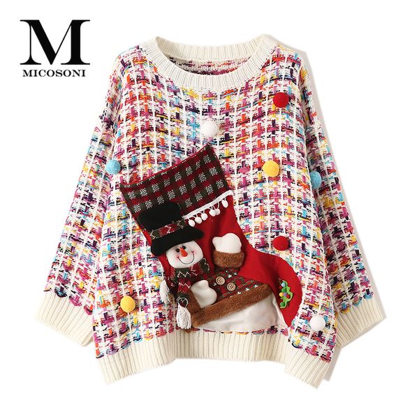 

2019 autumn and winter new loose outer wear lazy preppy style thick colored christmas snowman light snow ball women's sweaters, White;black