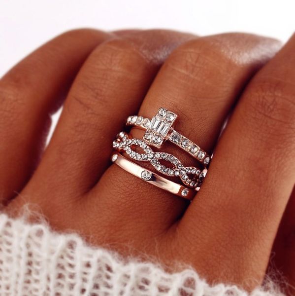 

3pcs/set fashion infinity rings set for women girls crystal twist ring couples gold female engagement wedding jewelry, Silver