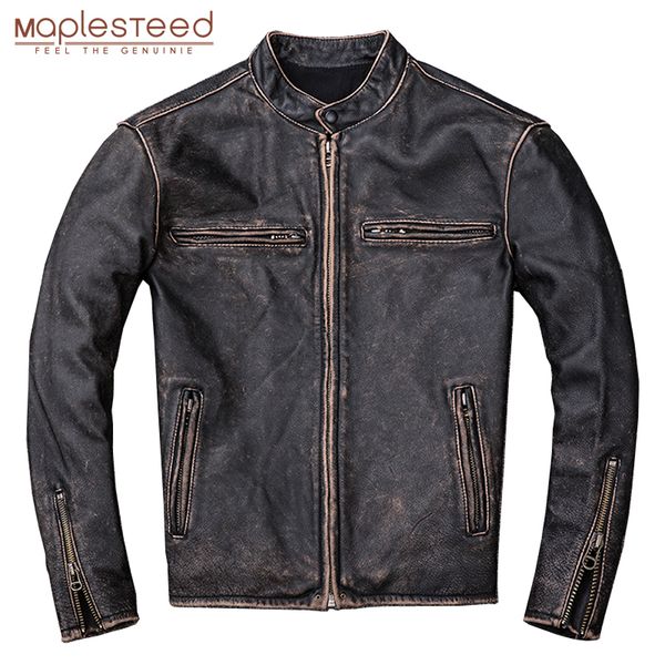

maplesteed washed stone milled distressed leather jacket men vintage jacket slim 100% natural calf skin mens coat winter m204, Black