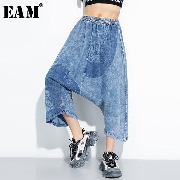 

eam] blue pattern printed thin wide leg jeans new high waist loose women trousers fashion tide spring autumn 2020 1t471