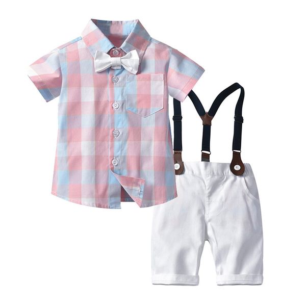 

boy suit short sleeve plaid shirt gentleman children's clothing bib pants, Black;blue