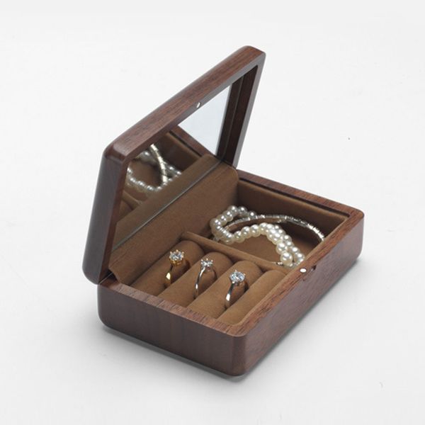 

vintage portable european style earrings necklace decorative storage travel magnetic buckle wooden jewelry box rings with mirror, Pink;blue