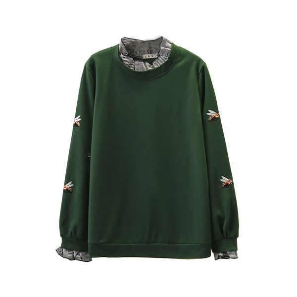 

sweatshirts for women autumn plus size casual fashion loose long sleeve stripe splice little bee embroidery hoody f42-9043, Black