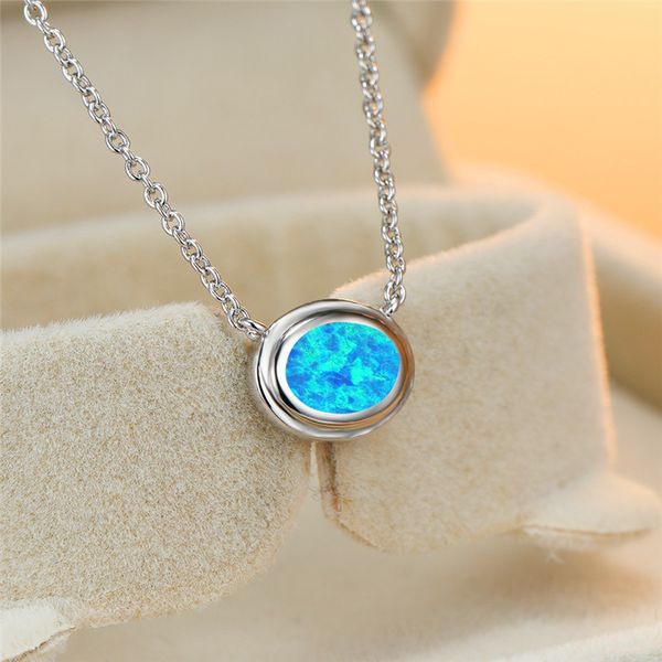

cute female blue opal pendant necklace simple silver color oval chain necklaces for women boho bridal geometric wedding necklace