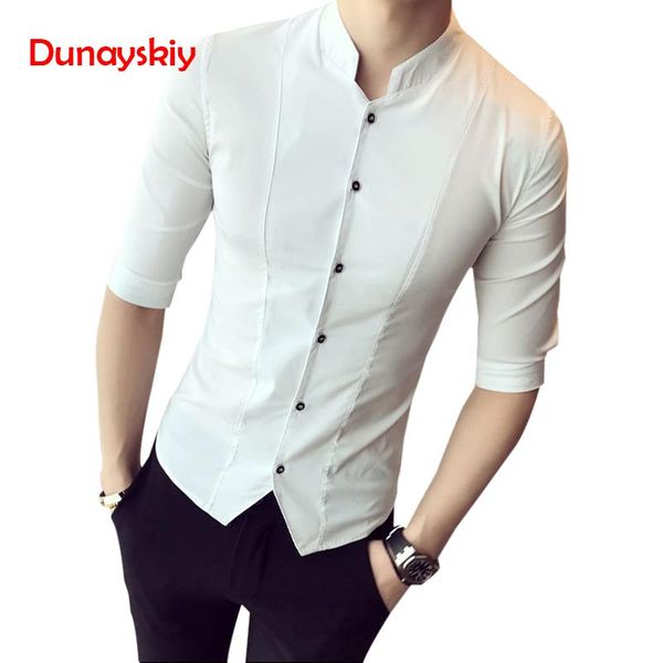 

stand collar chinese style shirt men slim fit korea clothes men half sleeve 2019 summer spring autumn shirt camisa masculina, White;black