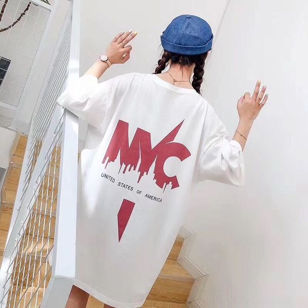 

four gentlemen summer loose large size cotton front and back printed letters nc long student coat t-shirt coat short sleeve t-shirt female, White