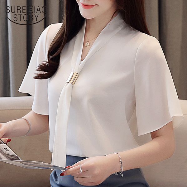 

womens tops and blouses blusas mujer de moda 2019 blouse women elegant v-neck short sleeve chiffon blouse summer 3748 50, White