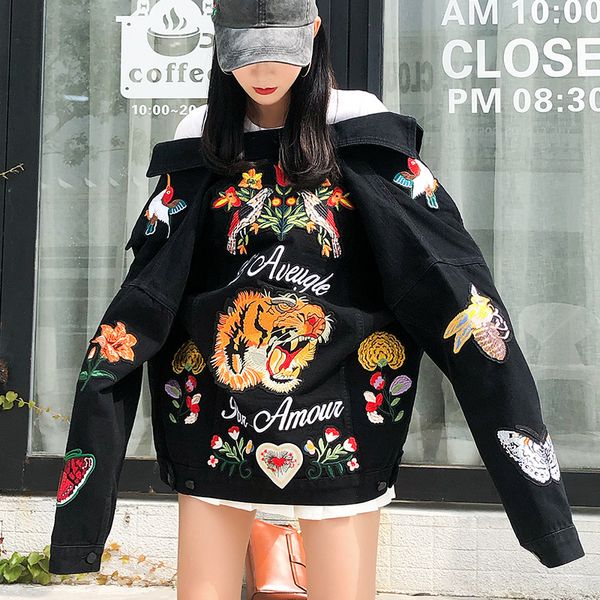 

winter new fashion g women's clothing tiger embroidered denim jacket plus velvet thick lamb wool embroidery jacket size s, Black;brown