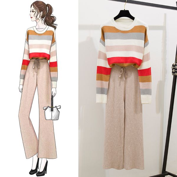 

knitted sweater 2 pieces set tracksuits women 2019 winter autumn loose sweater wide leg pants matching set cashmere suit, White