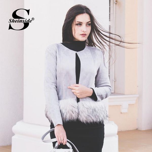 

sheinside grey contrast faux fur ham suede coat women autumn winter jacket womens clothes 2018 fashion ladies outerwear coats, Black