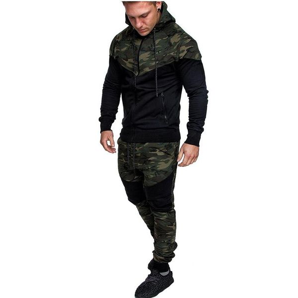 

panelled camouflage mens designer tracksuits fashion zipper hooded long sleeve long pants mens 2pcs sets casual males clothing, Gray