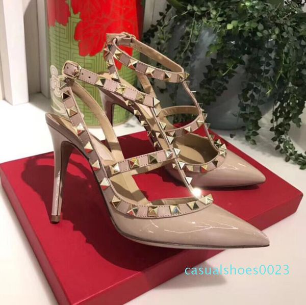 

2019 new nude women platform pumps ladies round toe rivets high heels shoes fashion buckle studded stiletto sandals 34-43 box c23, Black