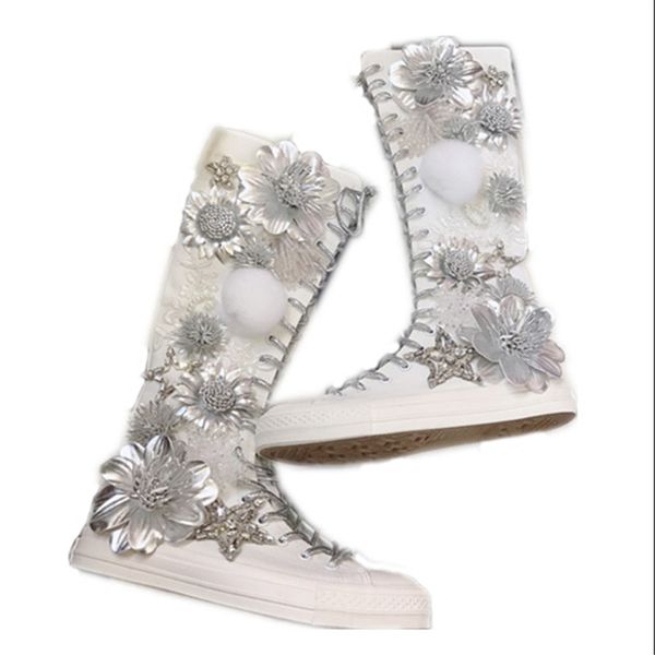 

new products over the knee high tube heavy work rhinestone three-dimensional decorative zipper super high canvas flat shoes, Black