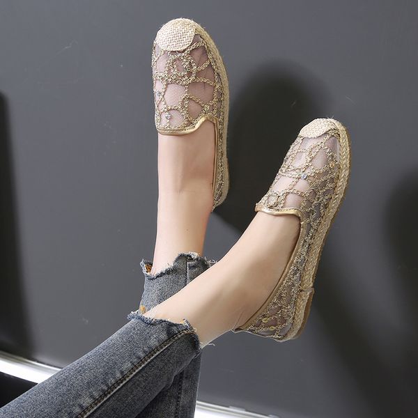 

round toe casual woman shoe glitter shoes tennis female 2020 fashion women's flax flats slip-on breathable summer modis new, Black
