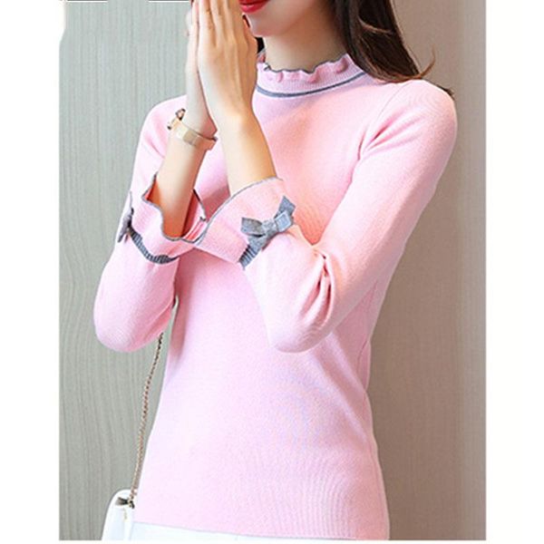 

fashion flare sleeve pullover sweater office lady women solid color knitted sweater spring stand collar long sleeve, White;black