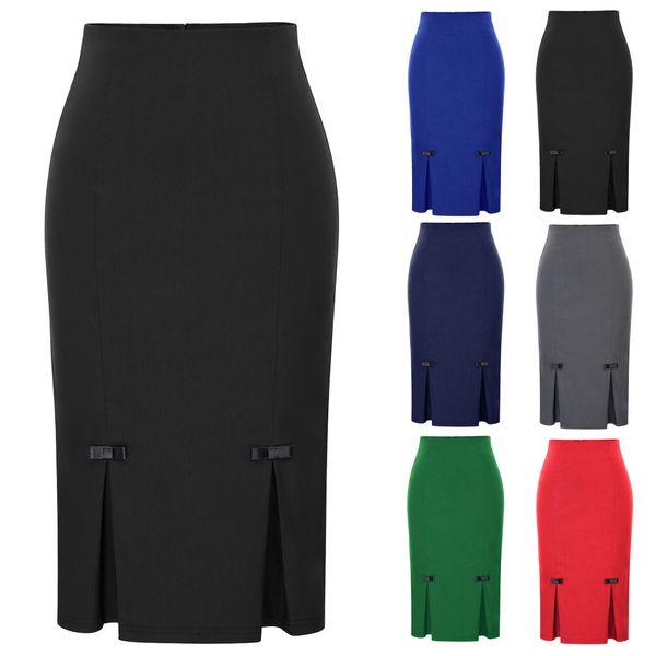 

belle poque ol women pencil skirts retro bow-knot split solid hips-wrapped bodycon knee length skirts business office work skirt, Black