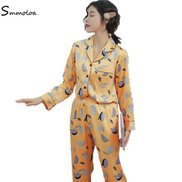 

smmoloa 2019 new print women pijama satin silk pyjamas long sleeve pajamas, Blue;gray