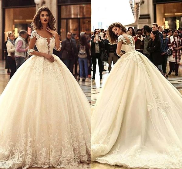 

2021 vintage lace ball gown wedding dresses sheer long sleeve appliques bridal gowns illusion back sweep train vestidos de novia al5085, White