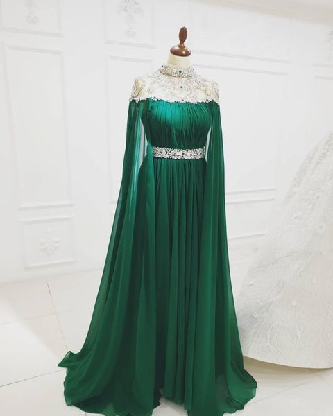 

arabic style prom dresses spring 2020 beaded sheer high neck a line ruched a line chiffon emerald green evening dresses uk, Black