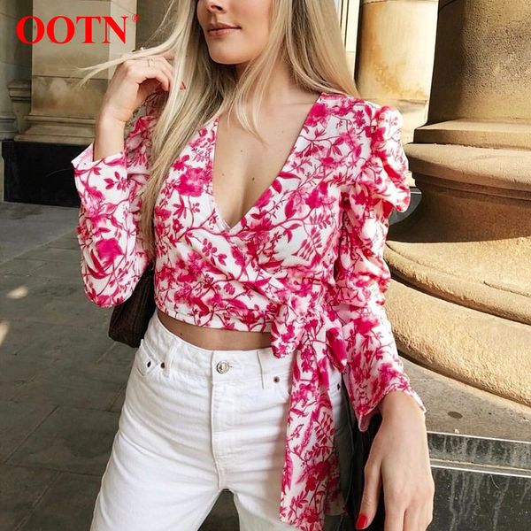 

ootn blue red flare crop blouse women long sleeve print tunic shirt ladies casual summer vintage blouse soft two ways wear, White
