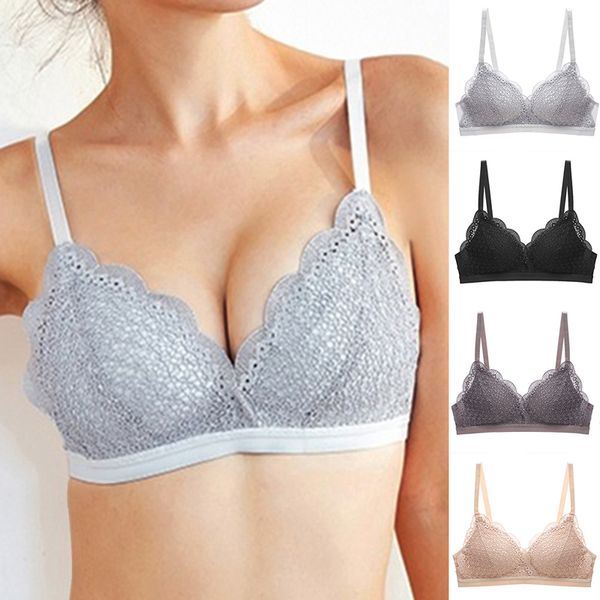 

vertvie solid lace openwork cup bra without steel ring double-breasted underwear lingerie bralette women wirless bras, White;black